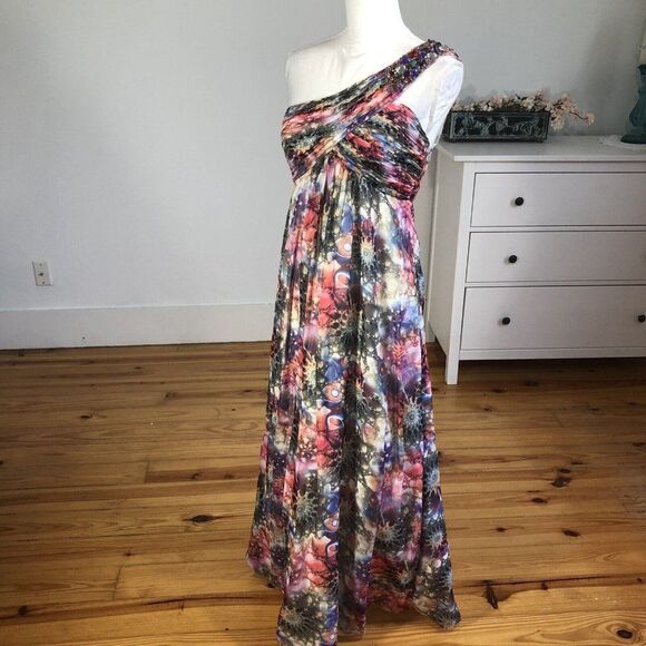 Gorgeous Grecian One Shoulder Chiffon Maxi Dress 4 Empire Waist Bling Fun Prom - Picture 10 of 12